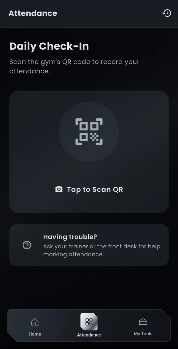 MyGym member app attendance screen with Tap to Scan QR button