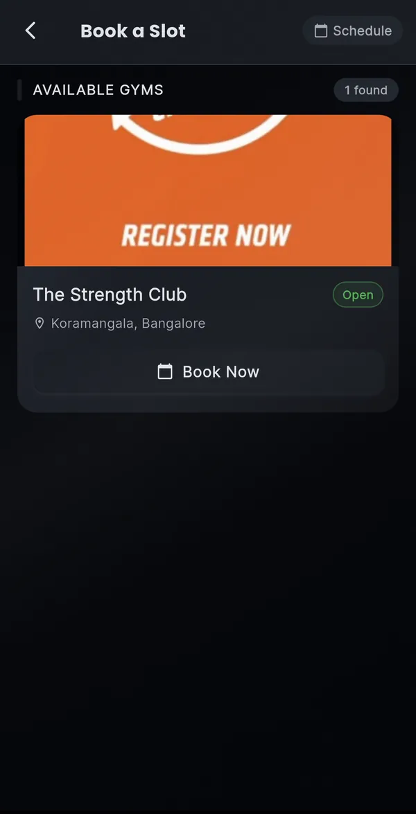 Book a slot screen listing available gyms