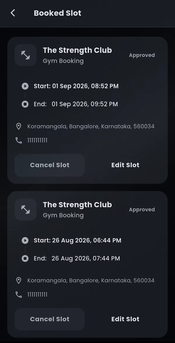 Booked slots screen showing approved gym bookings with start and end times