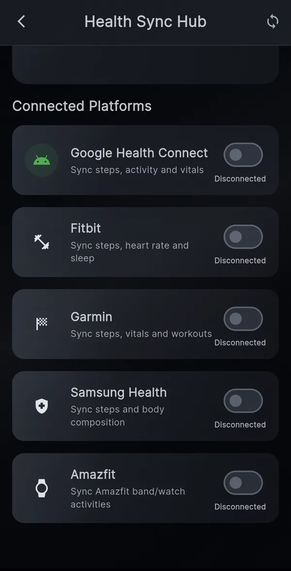 Health Sync Hub screen listing Google Health Connect, Fitbit, Garmin, Samsung Health and Amazfit
