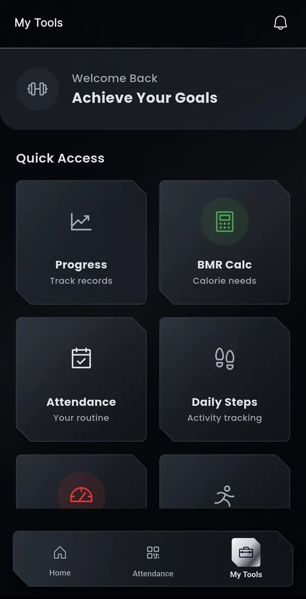 My Tools screen with progress, BMR calculator, attendance, daily steps, BMI checker and transform