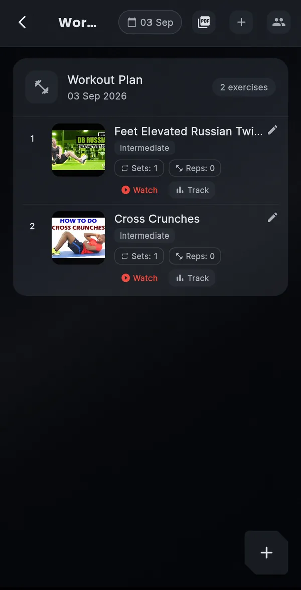 Workout plan for the day with exercises, sets, reps and watch and track buttons